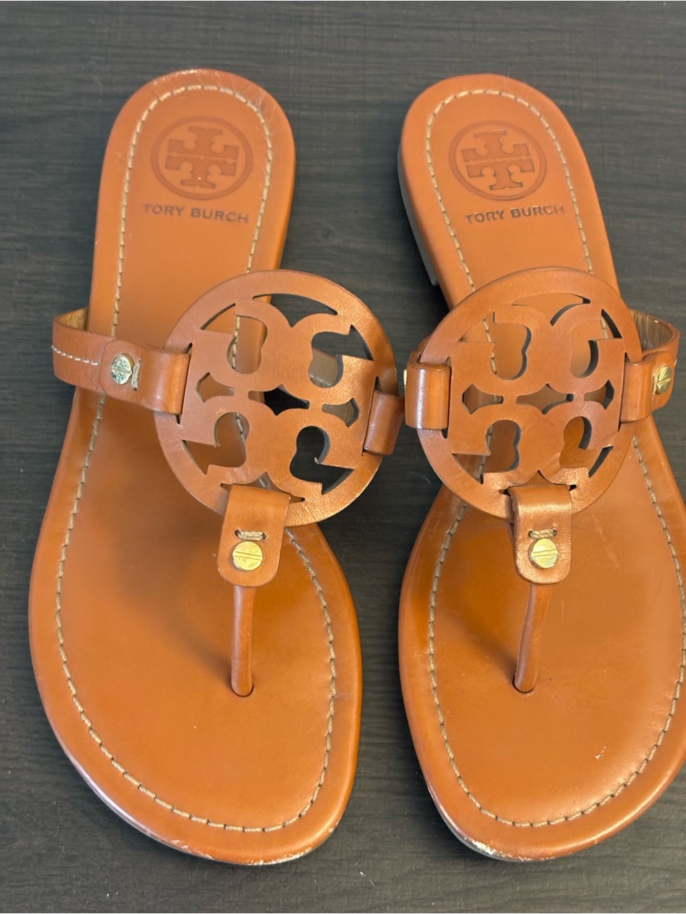 Tory Burch Cognac Leather Miller Logo Thong Sandals